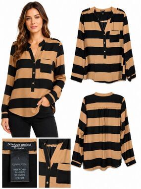 Penelope Project Size L Black Tan Striped Tunic Blouse